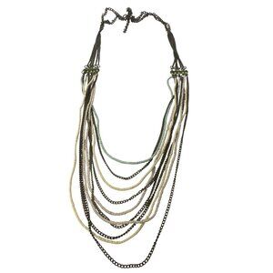 Multilayer Chain & Beaded Necklace With Pastel Green Seed Beads Boho Statement